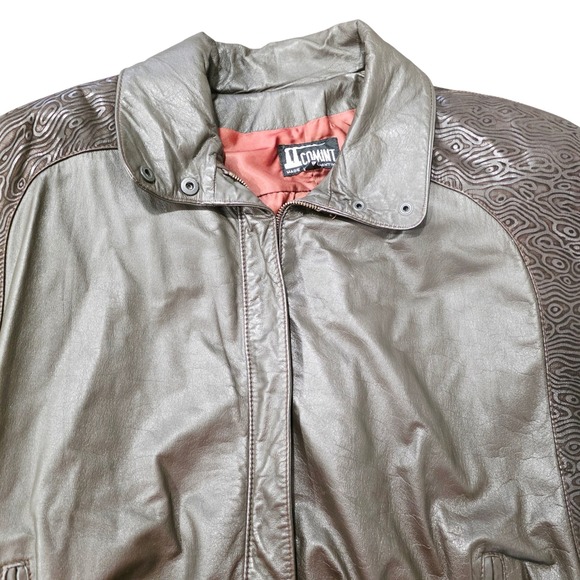 Vintage Comint Metallic Patterned Leather Bomber Jacket Brown Size M - Picture 7 of 15